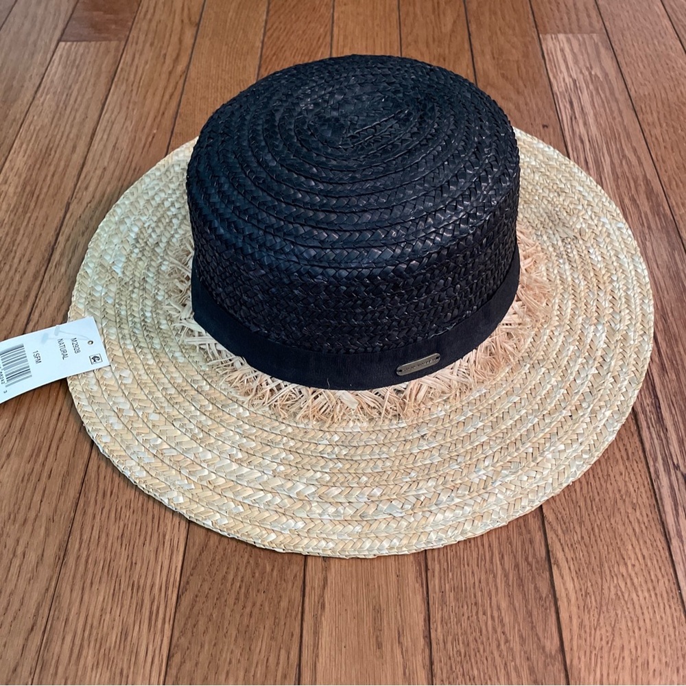Steve Madden Black and Natural Straw Boater Hat